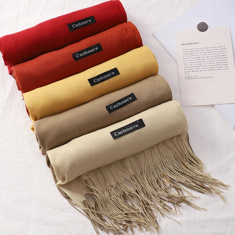 2024 Fashion Solid Color Women Thin Tassel Long Scarf  Hijabs Lady Shawls Cashmere Like Pashmina Hijabs Scarves Wraps