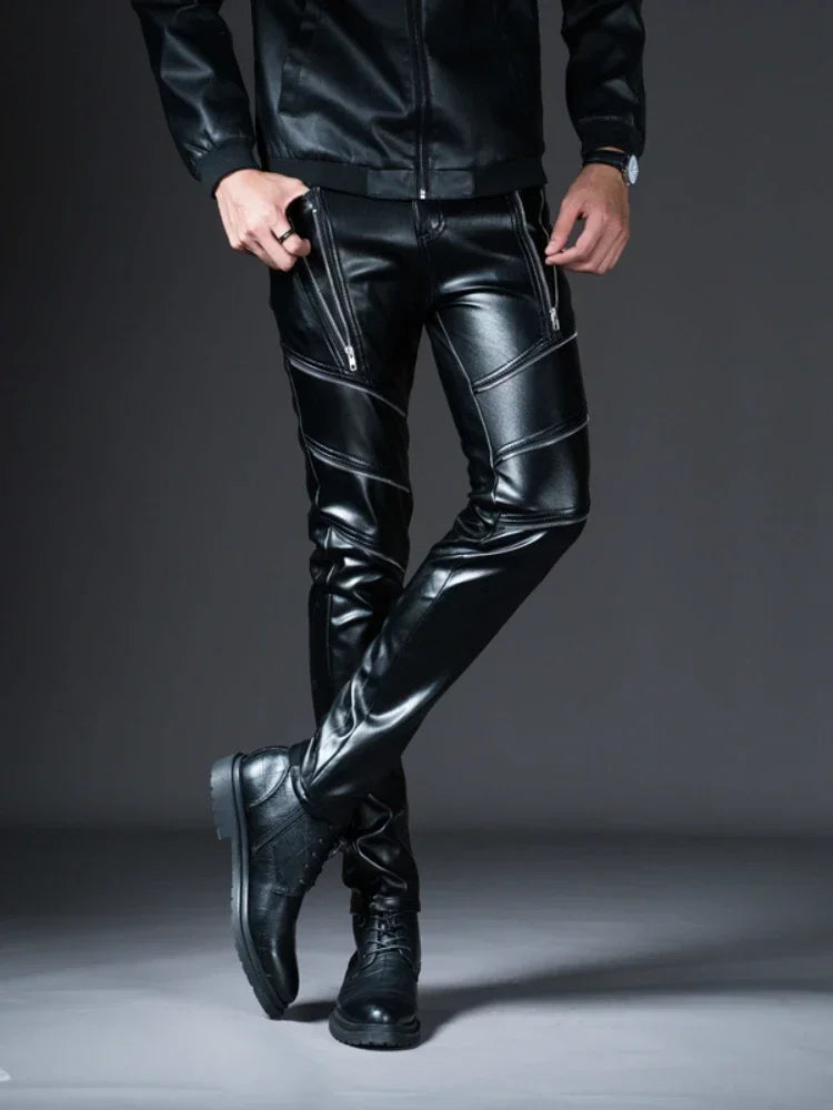 New Winter Mens Skinny Biker Leather Pants Fashion Faux Leather Motorcycle Trousers for Male Stage Club Wear