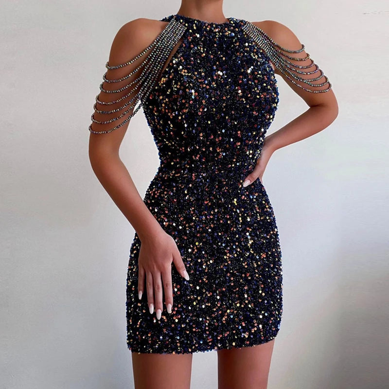 Sexy Glitter Sequins Bag Hip Dress Women Elegant Crystal Tassel Solid Mini Dress Summer Fashion Hanging Neck Club Party Dresses