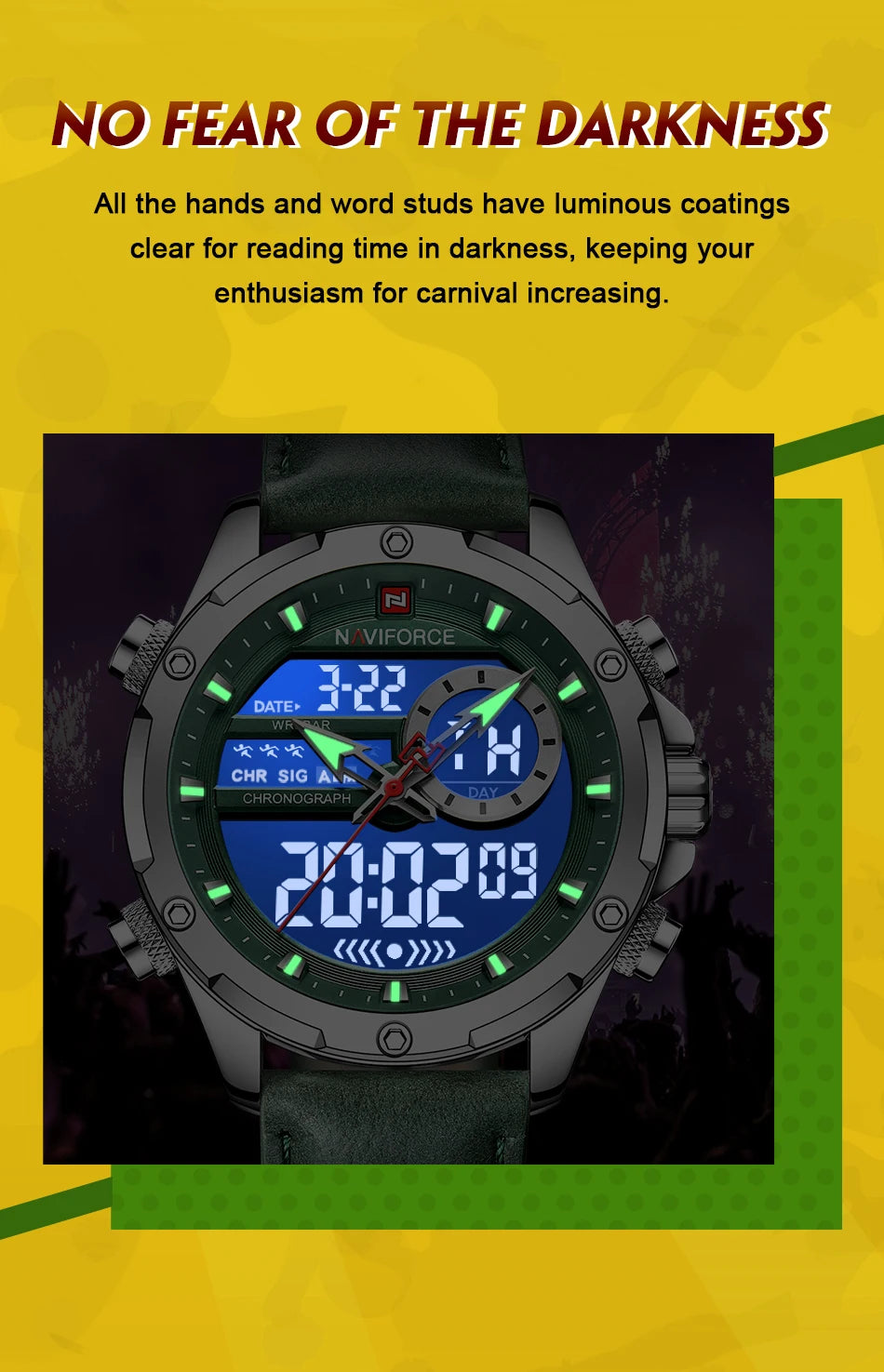 NAVIFORCE Mode Herren Casual Grüne Leder Uhr Militärische Wasserdichte Digital Chronograph Quarz Mann Armbanduhr Männlichen Wecker