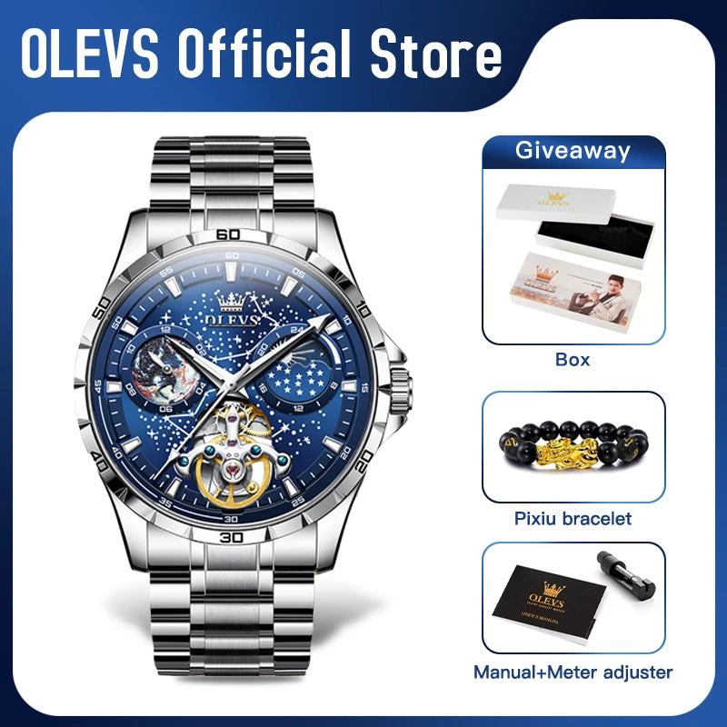 OLEVS Original Brand Men's Watches Waterproof Multifunctional Luminous Fully Automatic Mechanical Watch Moon Phase Starry Disk