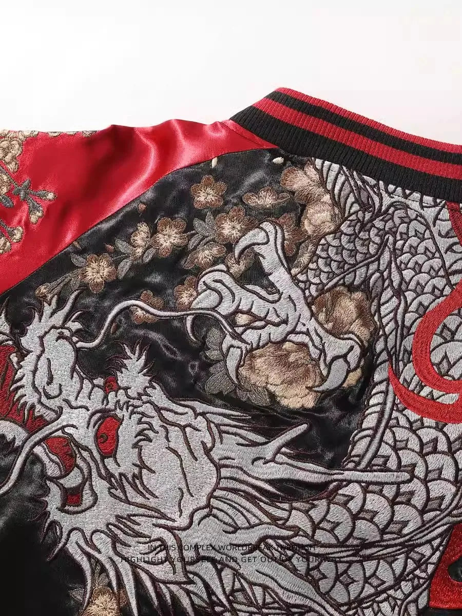 New Red Black Reversible double-sided High Street Dragon Sakura Embroidered Sukajan Souvenir Jacket Streetwear Vintage Coats