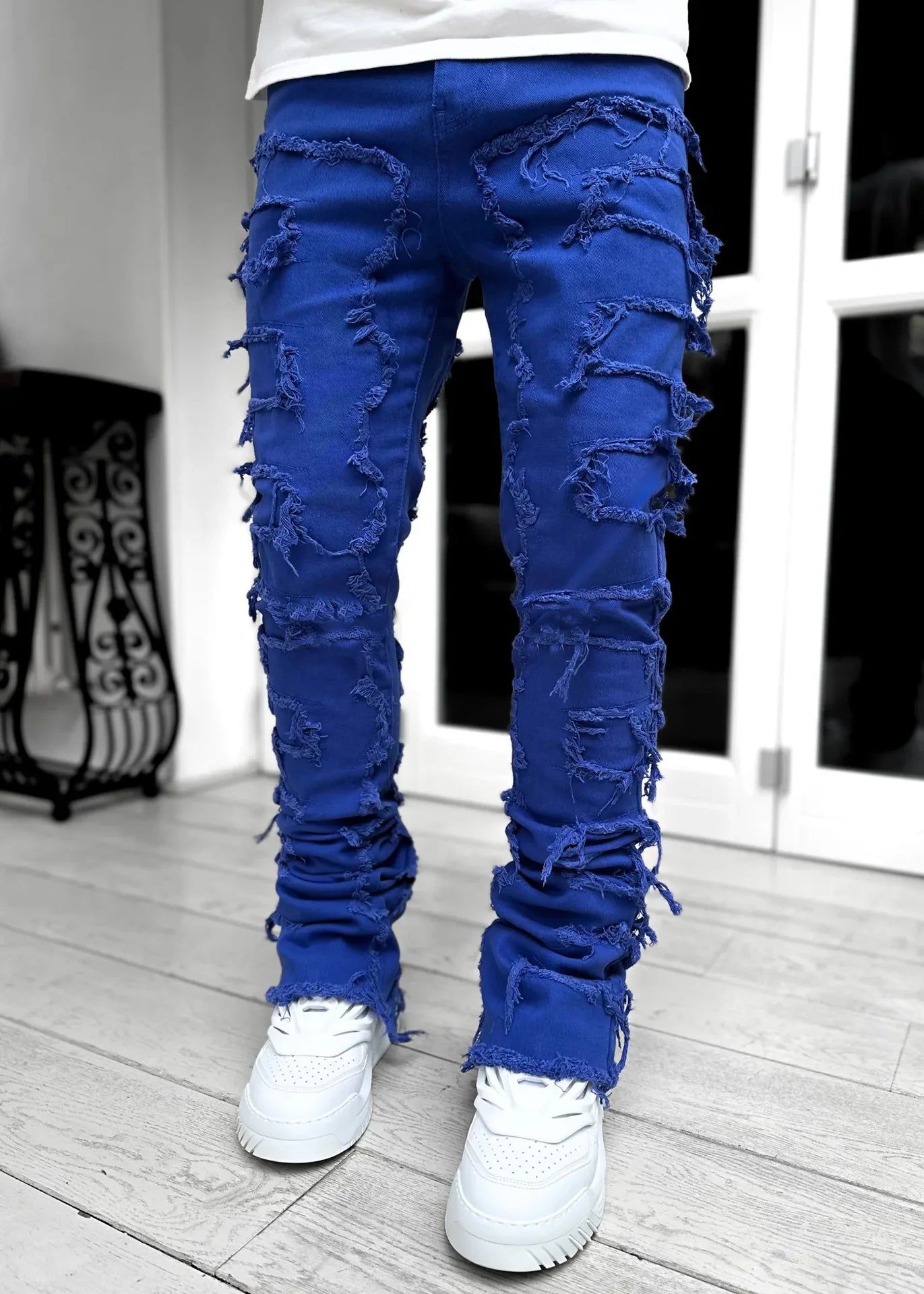 Fashion Streetwear Men's Regular Fit Stacked Jeans Ripped Slim Fit Patch Distressed Destroyed Straight Denim Pants 2024 S-3XL