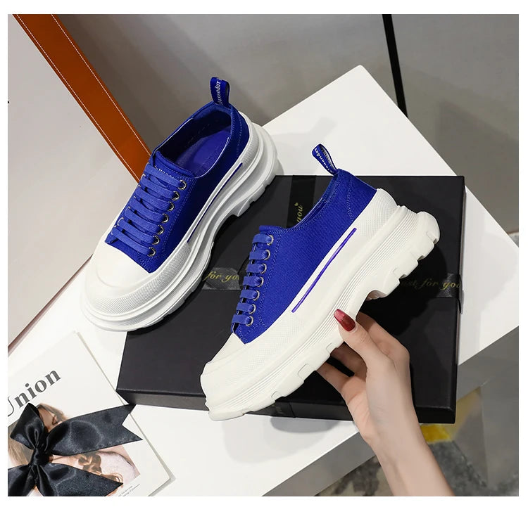 2024 Spring New Women'shoes Lace Up Sports and Leisure  Men's Shoes Thick Bottom Waterproof Platform Soft  Elevated Canvas Flat