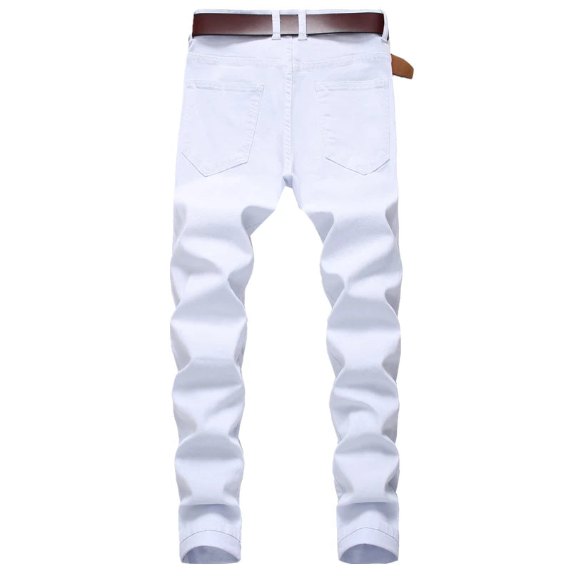 Straight Hole Destruction Trousers Distressed Jeans Men Denim Trousers Fashion Designer Brand White Pants Male Large Size 28-42