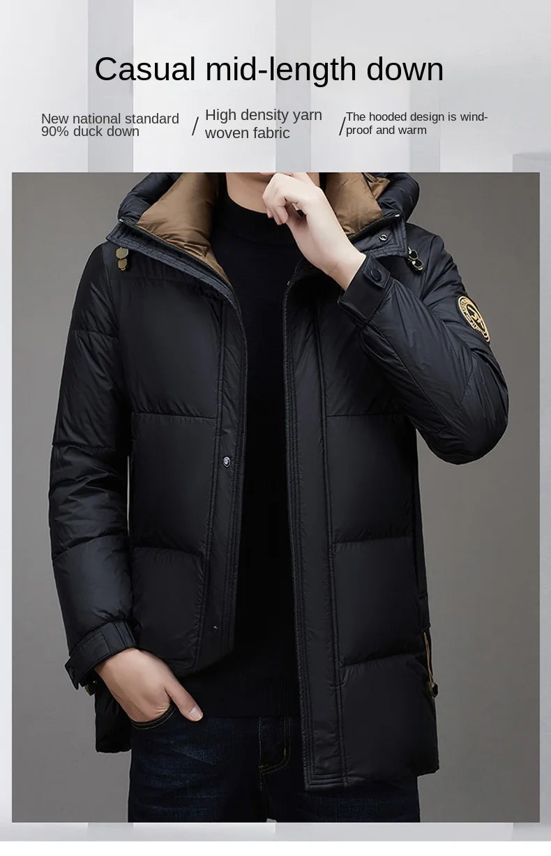 Light Luxury Down Jacket Men's Long Winter 2024 Trendy 90% White Duck Down Warm Coat Business Casual Hat Lightweight Down Jacket