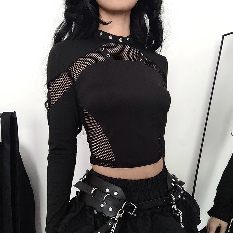 CIBBAR Gothic Black Crop Top Chic See Through Mesh Patchwork Full Sleeve Skinny Basic T-shirt Women Punk Style Stitched T Shirts