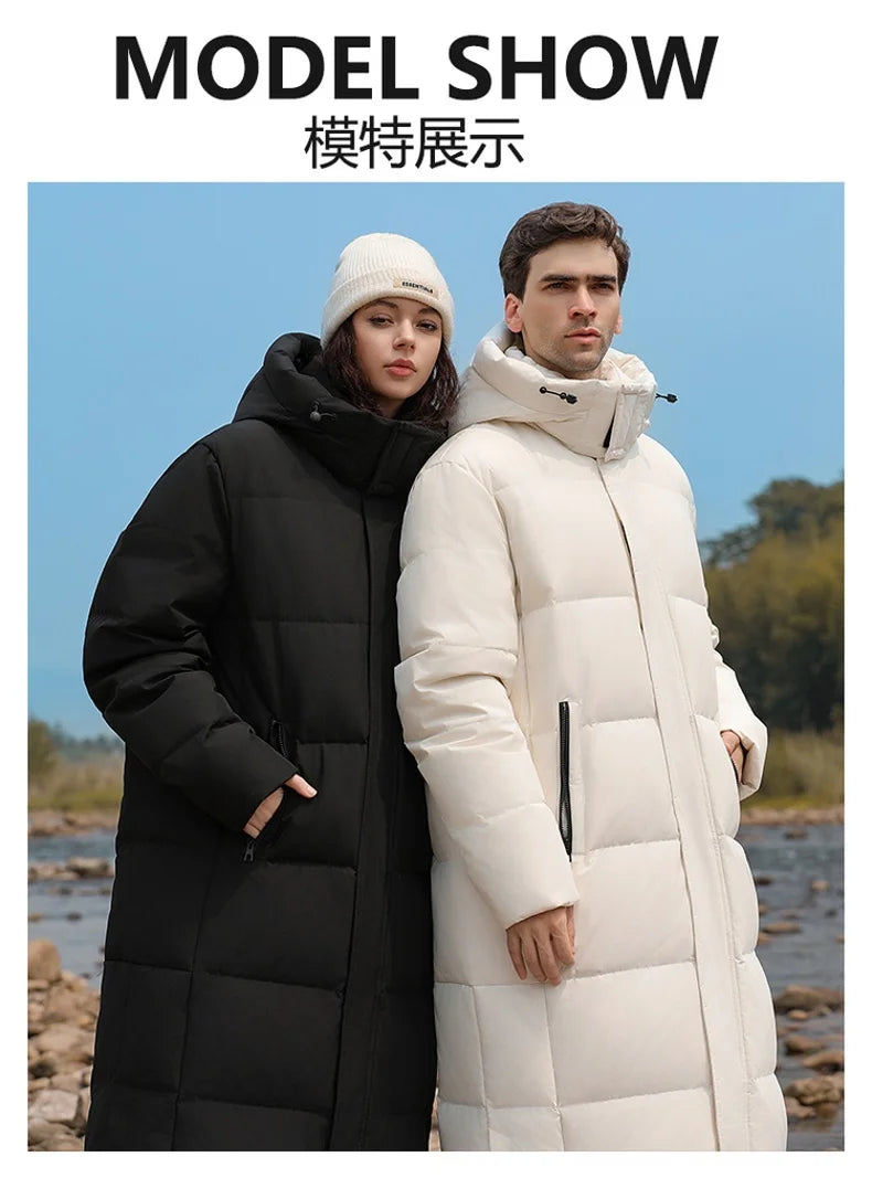 Light Luxury Goose Down Jacket Men's Women's Winter Fashion Hooded Long Over-the-Knee Parka Casual Windproof Male Down Jacket