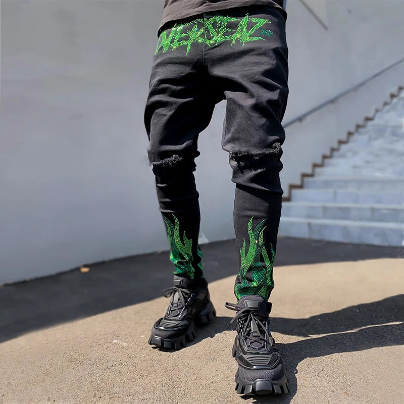 y2k Men Stretchy Ripped Skinny Black Jeans Slim High Quality Hole Trousers Aesthetic Rhinestones Streetwear Denim Pencil Pants