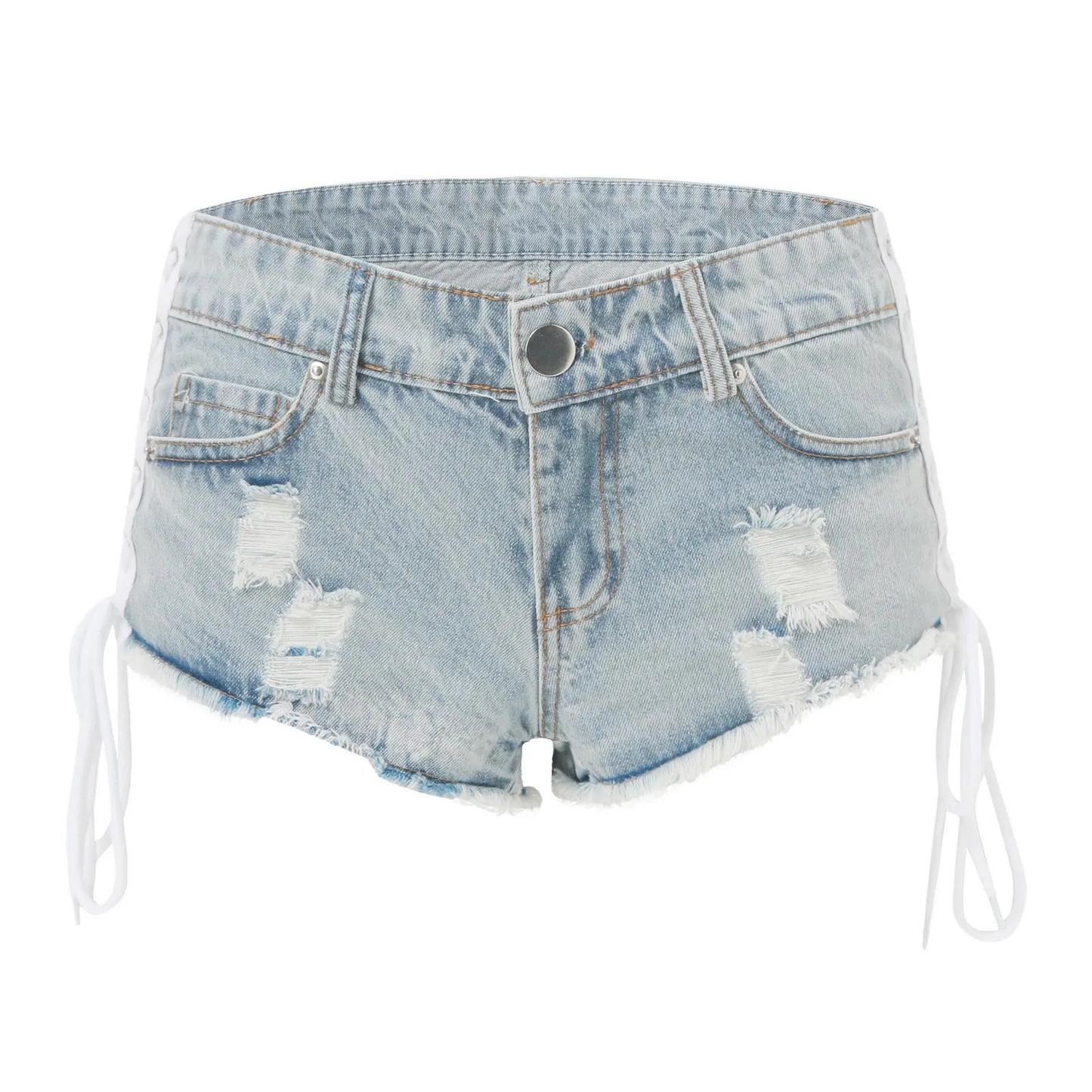 Denim Shorts Women 2024 Summer Ripped Raw Edge Hot Pants Sexy Low Waist Side Lace-Up Nightclub Wear Y2k Mini Jean Shorts шорты