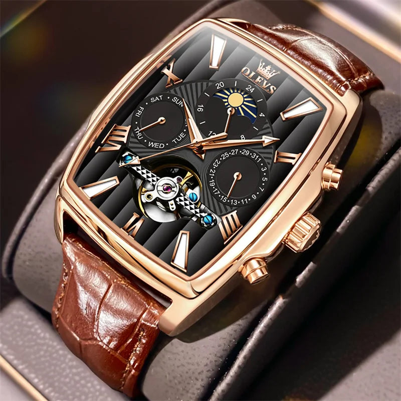 OLEVS Luxury Rectangular Dial Mechanical Watches Waterproof Leather Automatic Luminous Watch Business Men relogios masculino