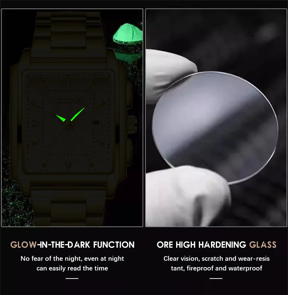 LIGE Watch Man Square Fashion Men Watches Top Brand Luxury Golden Quartz Stainless Steel Waterproof Wristwatch Relogio Masculino