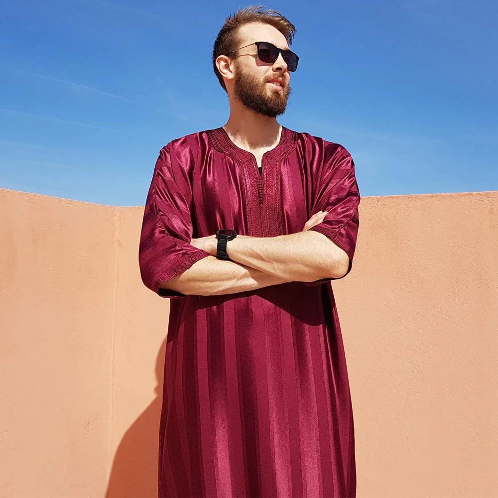 2024 New Men Muslim Abaya Islamic Clothing Men's Embroidered Striped Jubba Thobe Moroccan Dubai Kaftan Eid Prayer Robe Dress