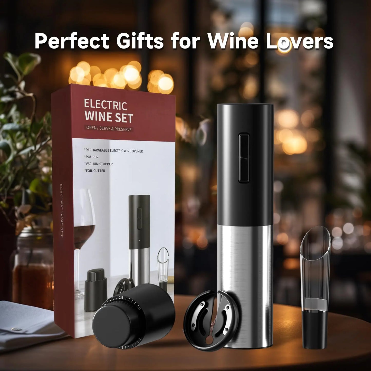 4 In 1 Electric Decanter Set Wine Lovers Gift for Home Kitchen Rechargeable Automatic Wine Bottle Opener With Vacuum Stoppers