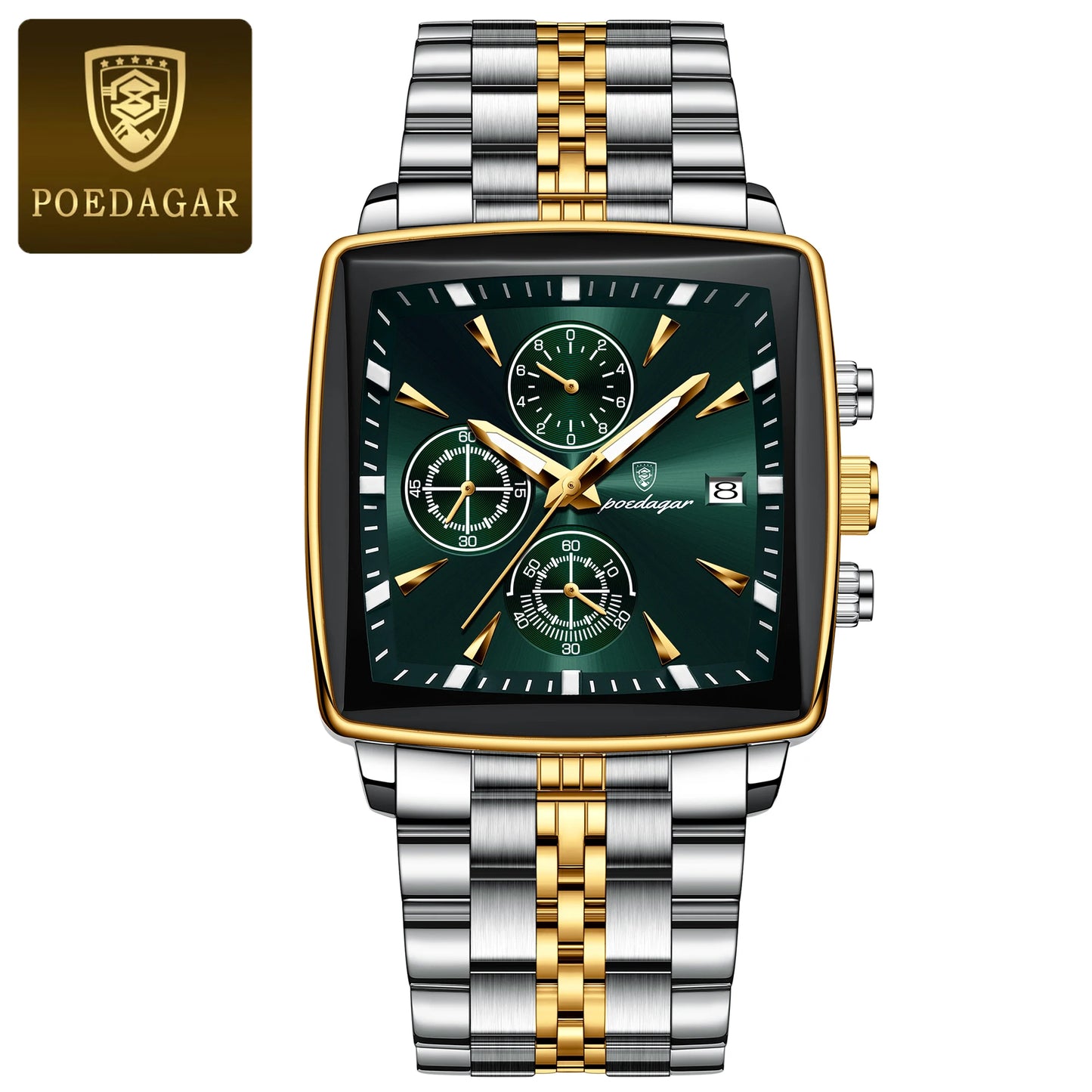 POEDAGAR Business Men Clock Waterproof Luminous Calendar Chronograph Square Man Watch Stainless Steel Quartz Men's Watches Reloj