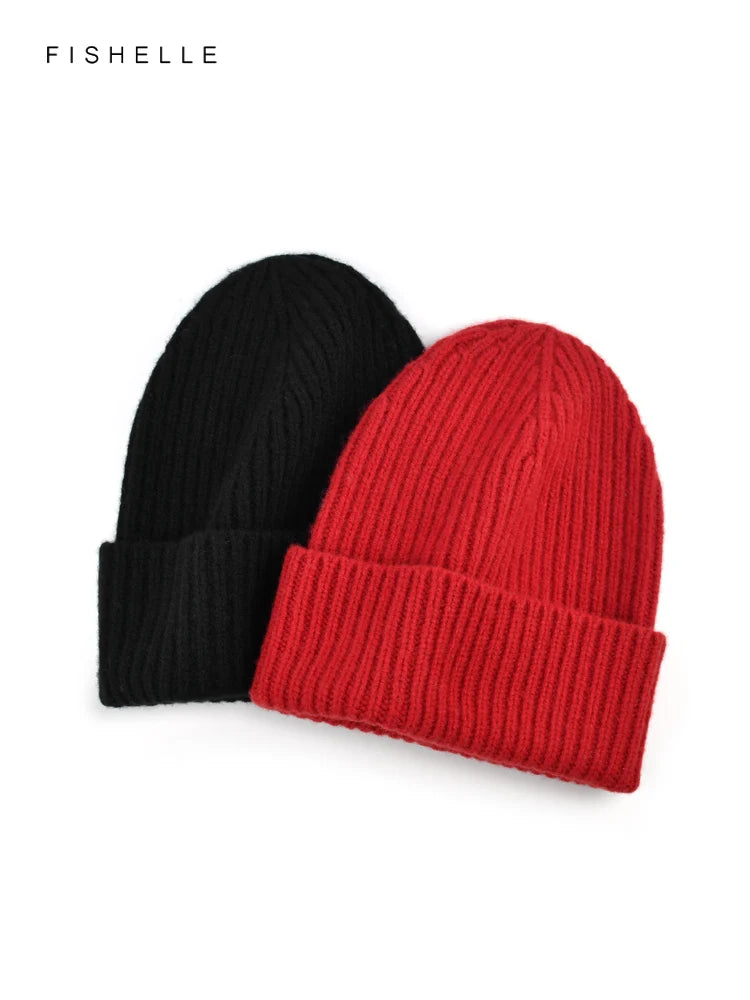 Einfarbig rot reine Wolle Hüte Frauen Männer warme Wollmütze Herbst Wintermütze Erwachsene Beanie neue gestrickte Mützen Luxus Urlaub Geschenk