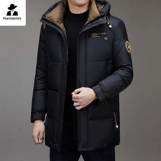 Light Luxury Down Jacket Men's Long Winter 2024 Trendy 90% White Duck Down Warm Coat Business Casual Hat Lightweight Down Jacket