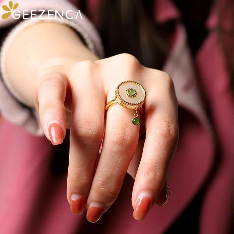 GEEZENCA 925 Sterling Silver Gold Plated Natural Jade Rotating Rings For Women Vintage Luxury Gemstone Lucky Ring 2022 New Trend