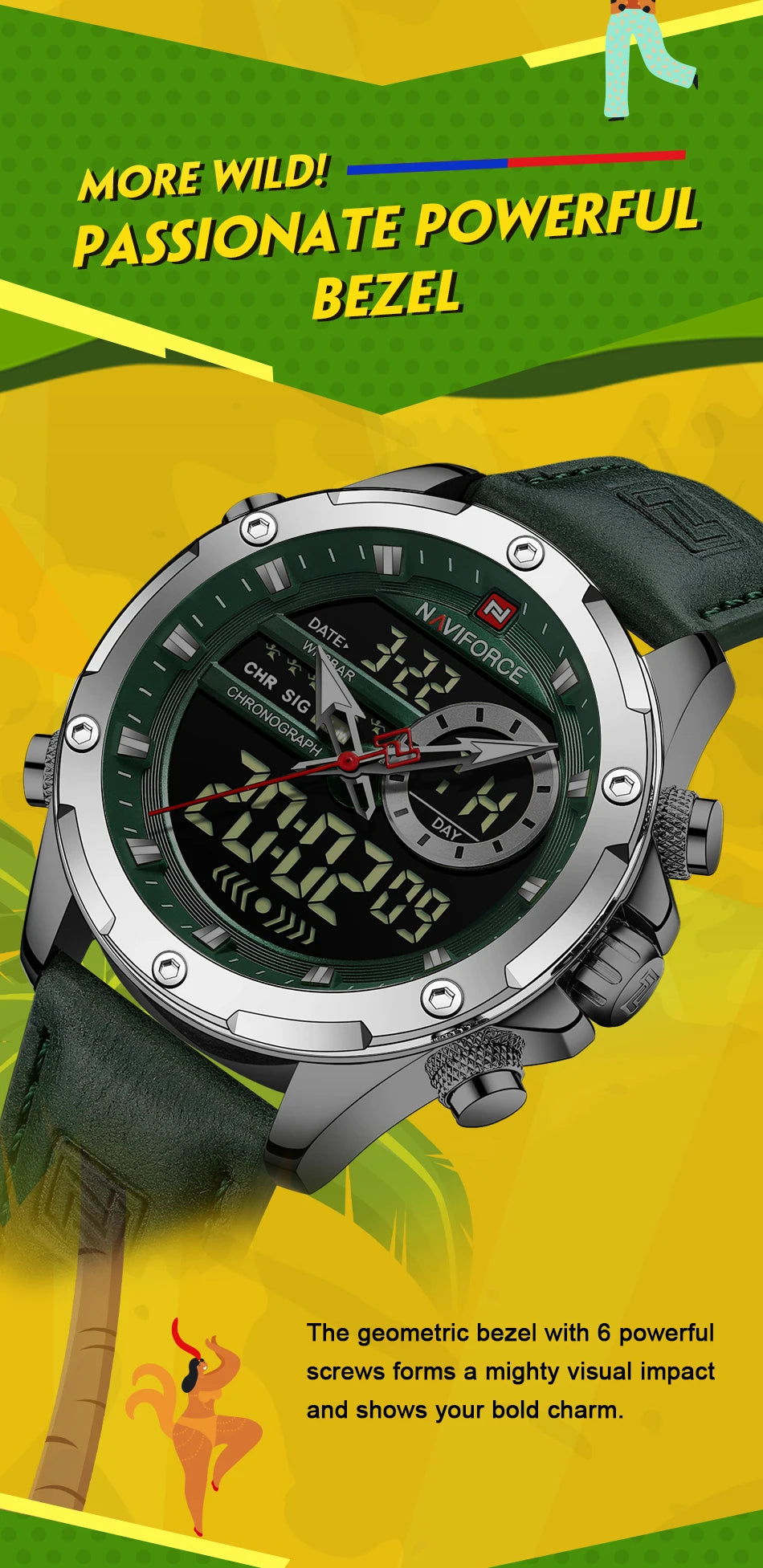 NAVIFORCE Mode Herren Casual Grüne Leder Uhr Militärische Wasserdichte Digital Chronograph Quarz Mann Armbanduhr Männlichen Wecker