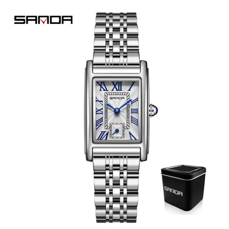 SANDA 1116 Quartz Watch Women Elegant Design Watches Rectangle Dial Waterproof Steel Leather Business Ladies Wristwatches Gift