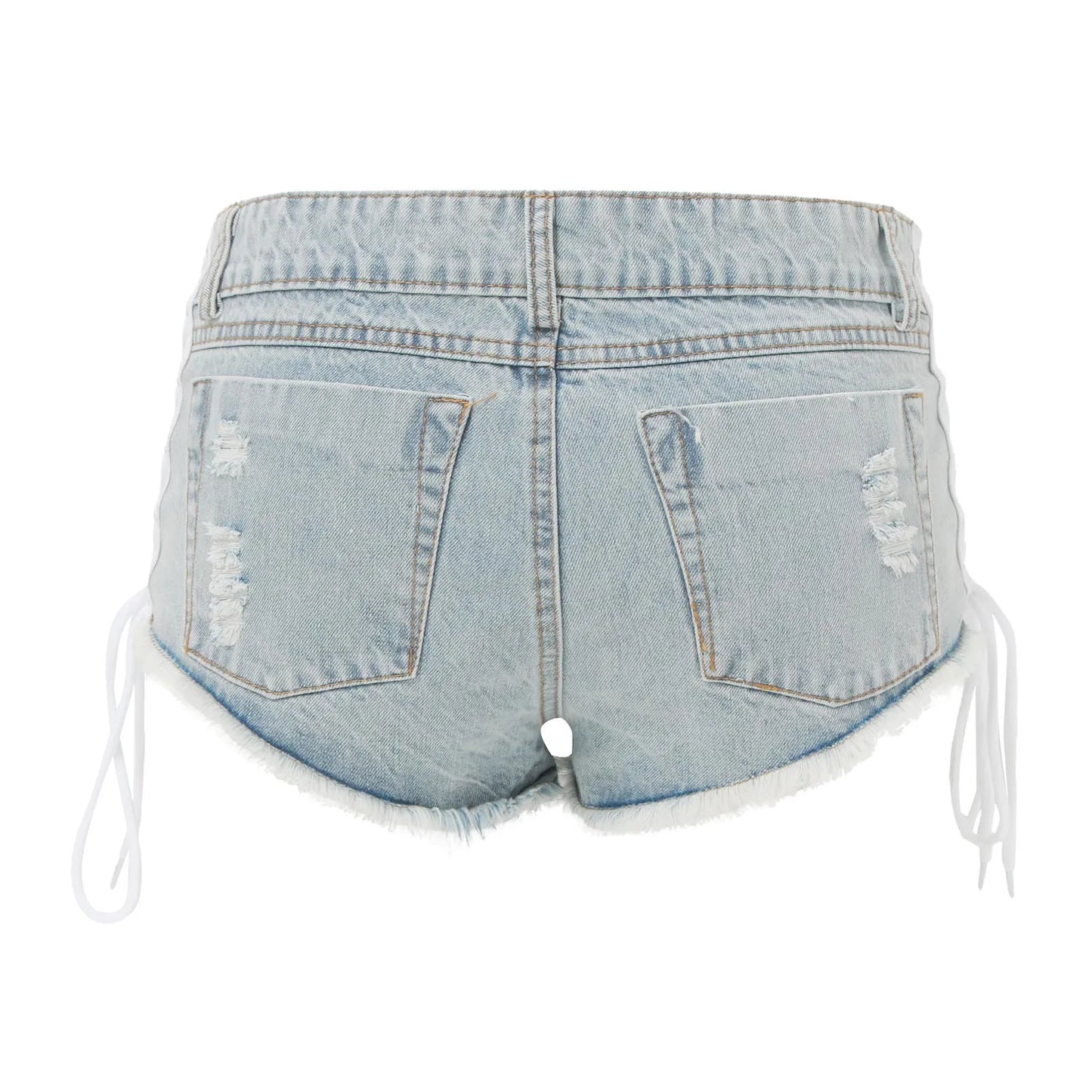 Denim Shorts Women 2024 Summer Ripped Raw Edge Hot Pants Sexy Low Waist Side Lace-Up Nightclub Wear Y2k Mini Jean Shorts шорты