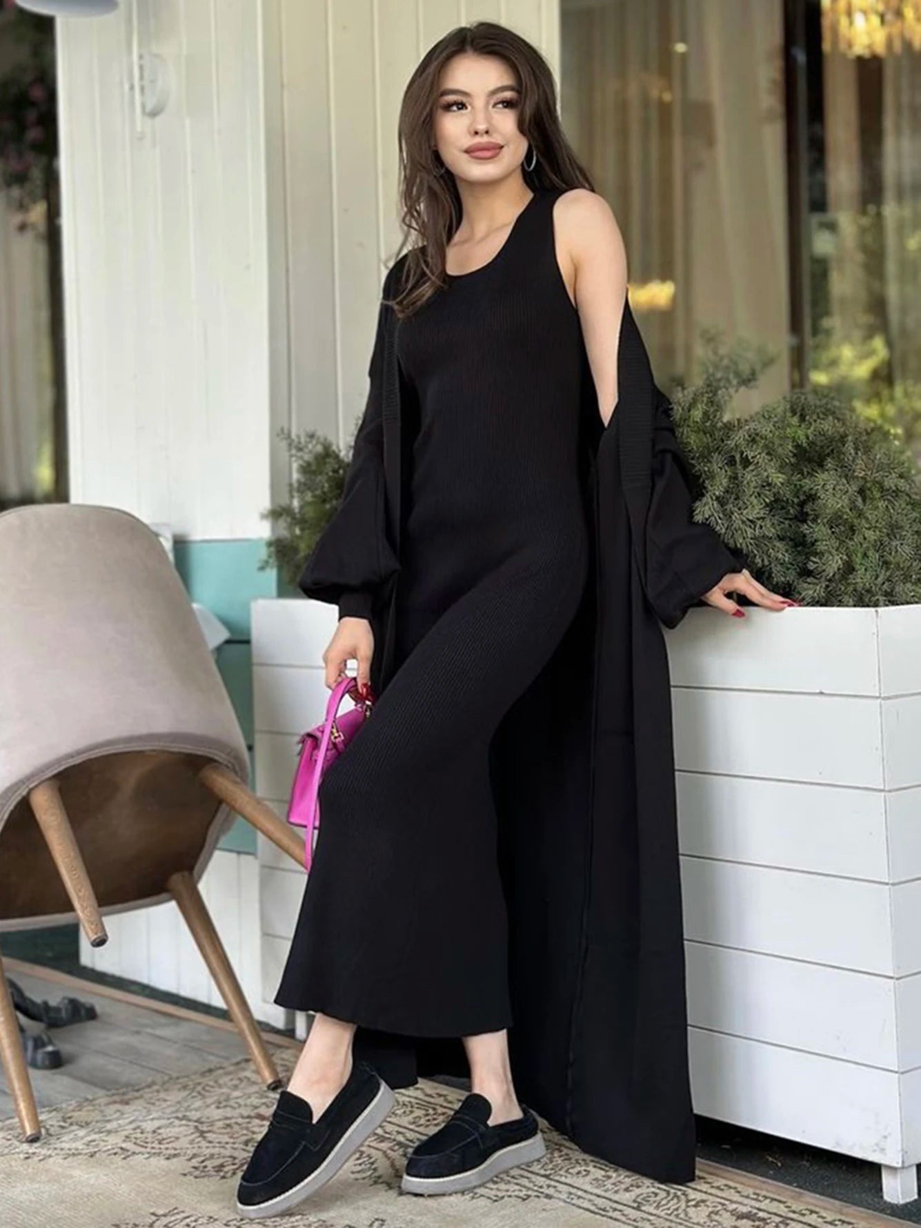 High Quality Women'S Solid Color Knitted Set, Sexy Long Sleeved Loose Long Cardigan Jacket+Sleeveless Dress Casual Two-Piece Set