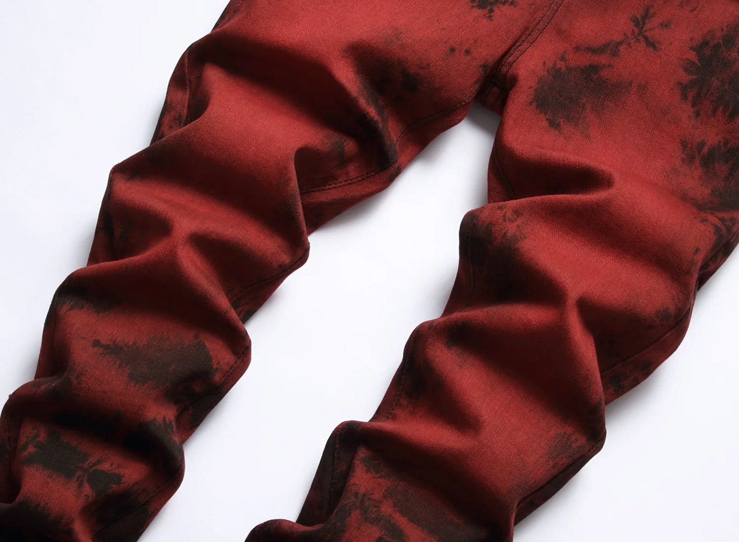 Brand Mens Jeans High Quality Slim Tie dye Snow Wash Brick Red Denim Straight Pants Vintage Streetwear Fashion Casual Trousers