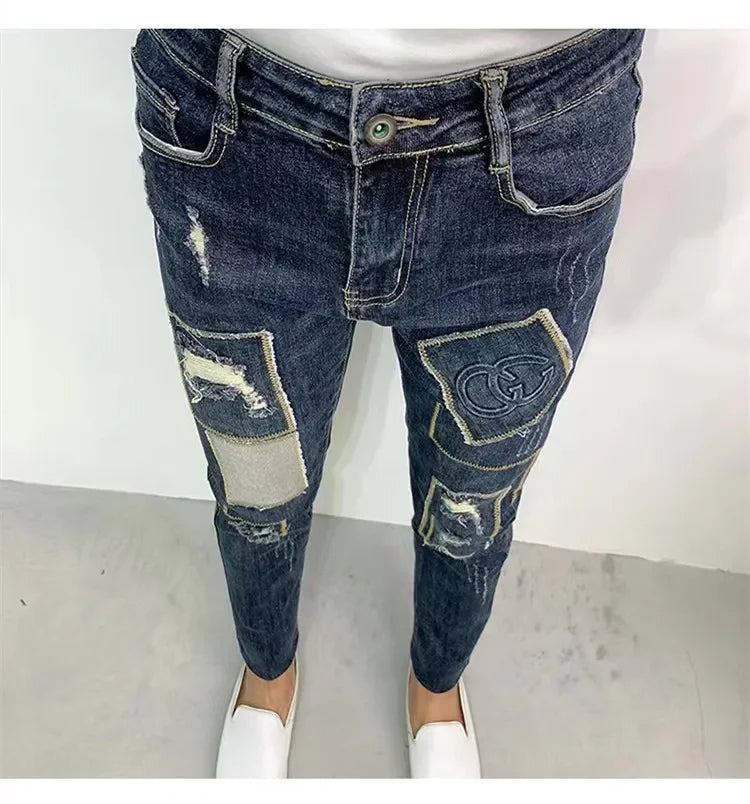 Autumn Trendy Korean Version Slim Fit Jeans For Men Unique Hole Patchwork Design Casual Style High Waist Bootleg Pants