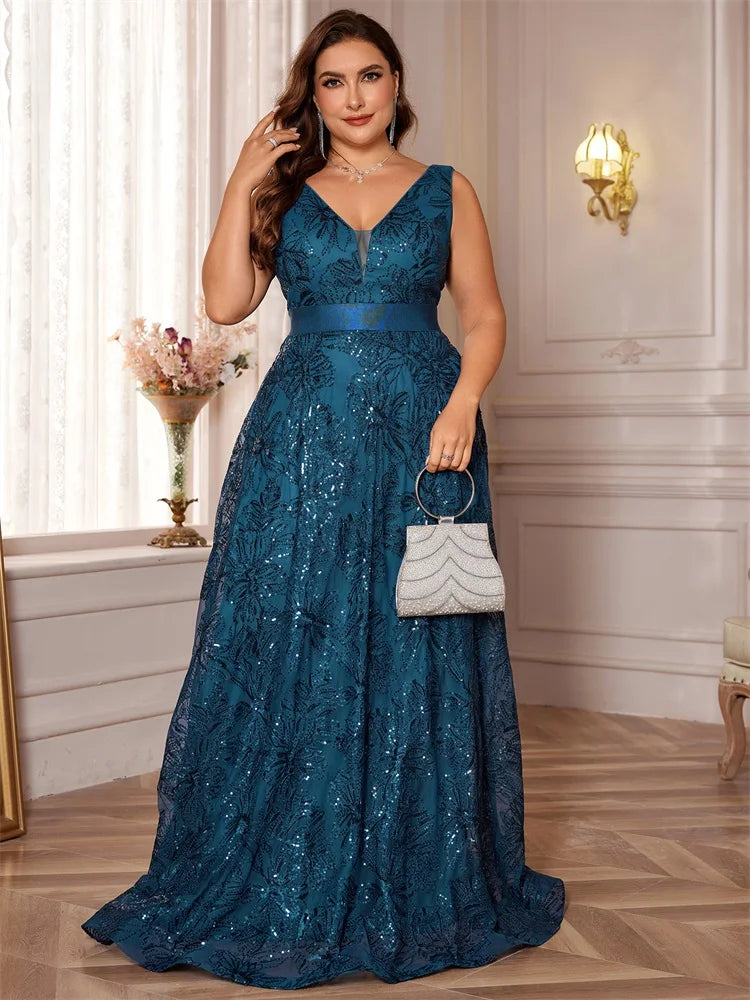 XUIBOL Plus Size Luxury Sexy Deep V-Neck Sequins Blue Evening Dress Women Elegant V-back Wedding Party Long Prom Cocktail Dress