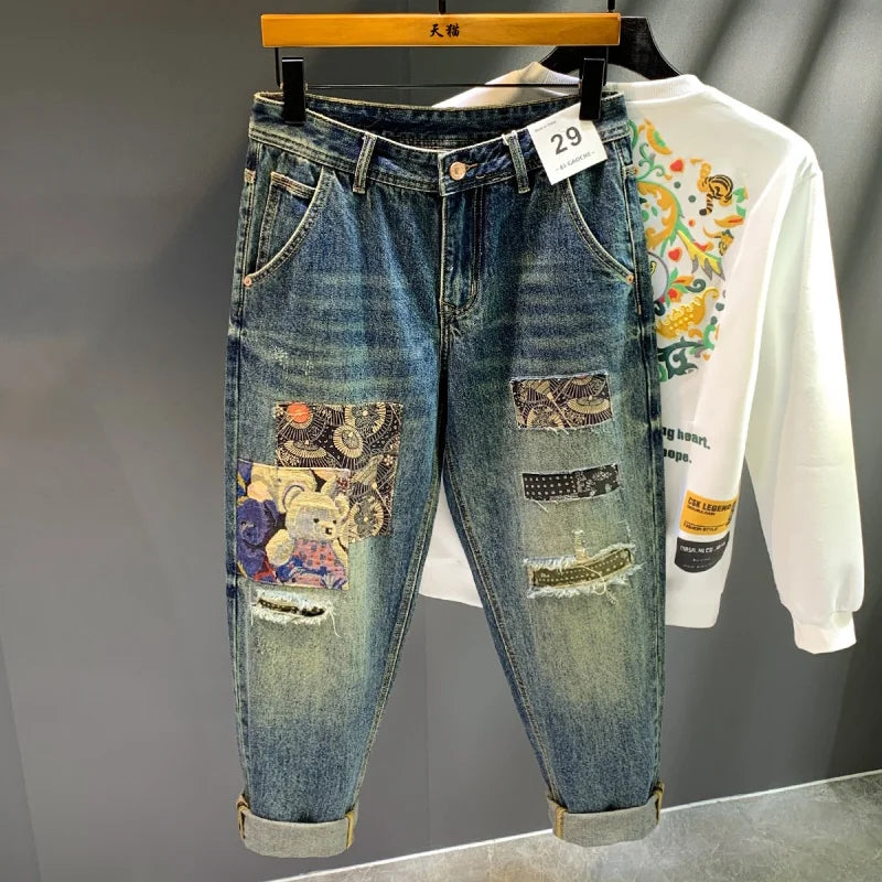 High Street Trendy Brand Retro Distressed Loose Harlan Jeans Men'S Spring And Autumn New Personalized Trendy Patch Long Pants Me