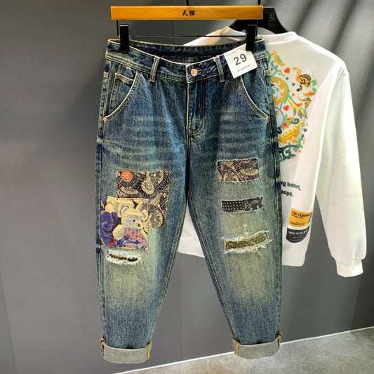 High Street Trendy Brand Retro Distressed Loose Harlan Jeans Men'S Spring And Autumn New Personalized Trendy Patch Long Pants Me