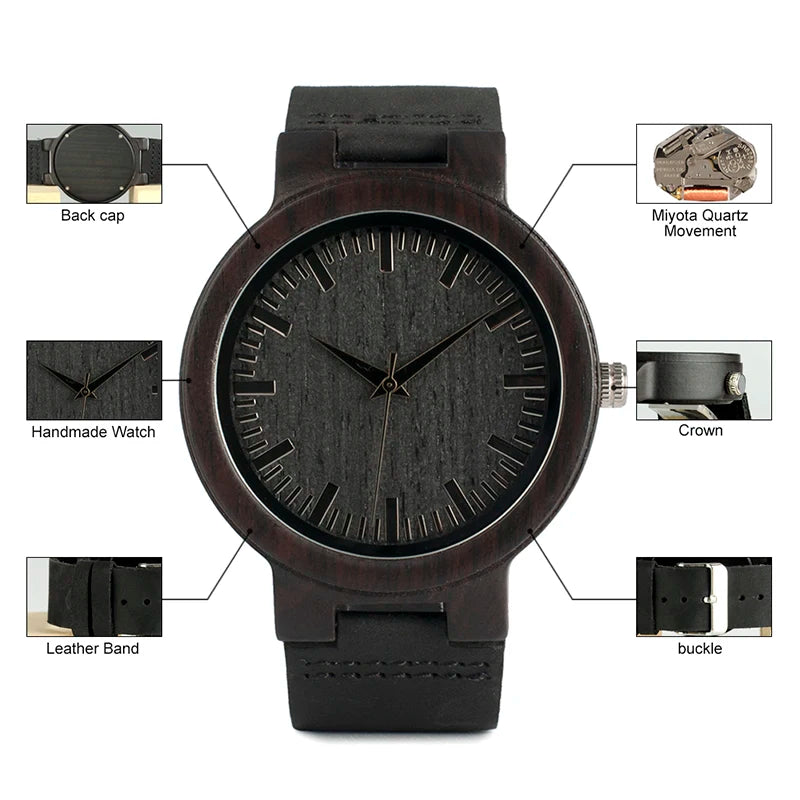 BOBO BIRD Mens Wood Watch Handmade Lightweight Minimalist Walnut Wooden Watches with Genuine Leather Personalized Gift