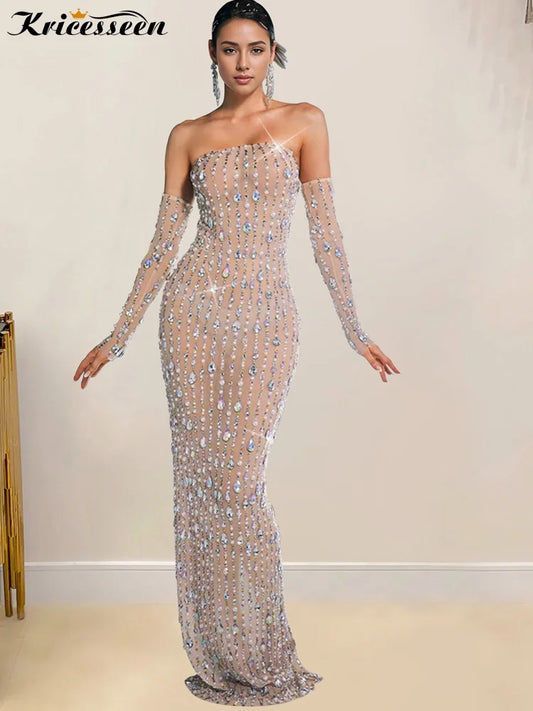 Kricesseen Women's Sheer Mesh Rhinestone Party Dresses With Gloves Glam Crystal Evening Dresses Vestidos De Fiestas Clubwear