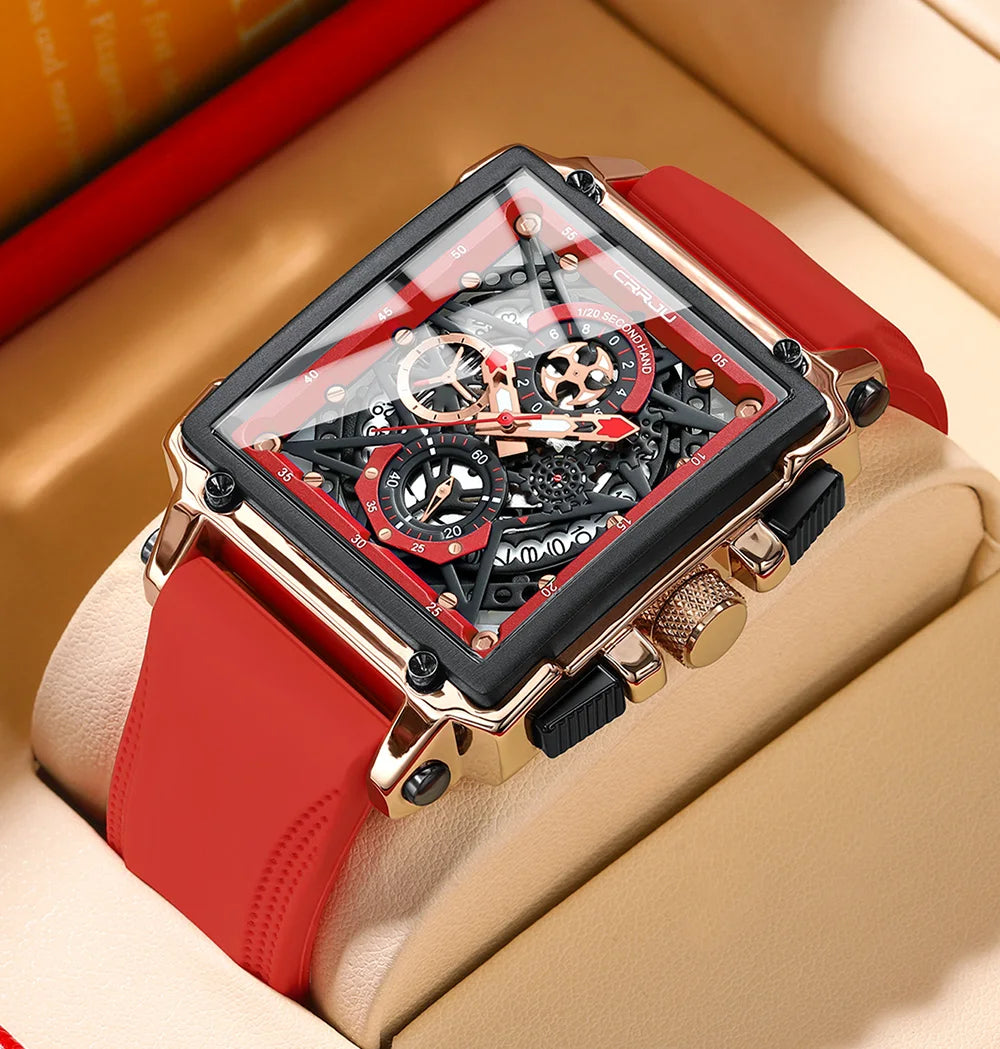 CRRJU Fashion Sports Watches with Large Dial Unique RectangularHollow Design Quartz Wristwatches with Chrongraph Auto Date