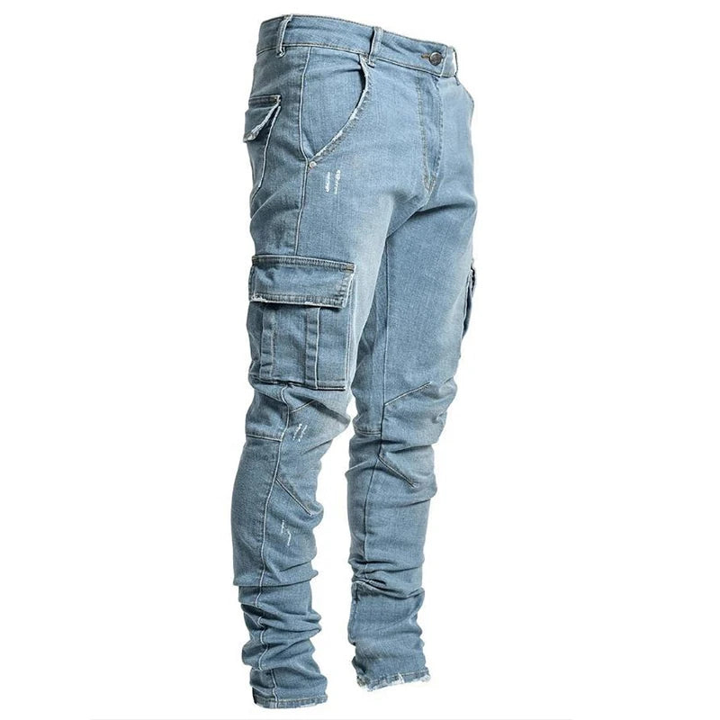 New Men's Slim Stretch Jeans Casual Fashion Multi Pocket Zipper Denim Trousers Everyday Men's Jeans Street Work Hip Hop Pants