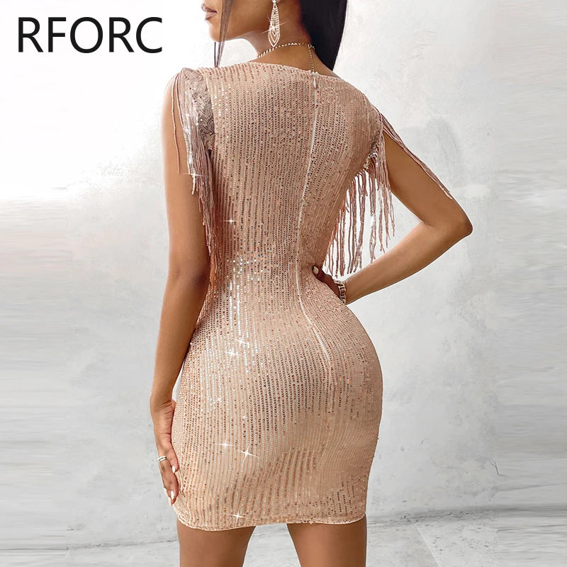 2023 Women Chic Sequins V Neck Tassels Mini Bodycon Party Dress