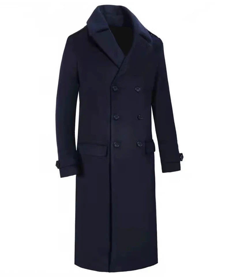 Mauroicardi Autumn Winter Long Warm Smart Casual Navy Blue Black Woolen Coat Men Double Breasted Luxury Wool Blends Overcoat