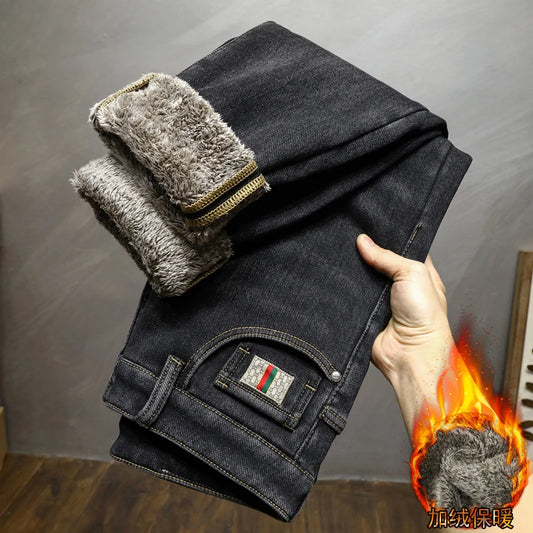 Autumn and winter padded thickened long-fleece cotton men's loose jeans light luxury fashion embroidery black casual warm pants