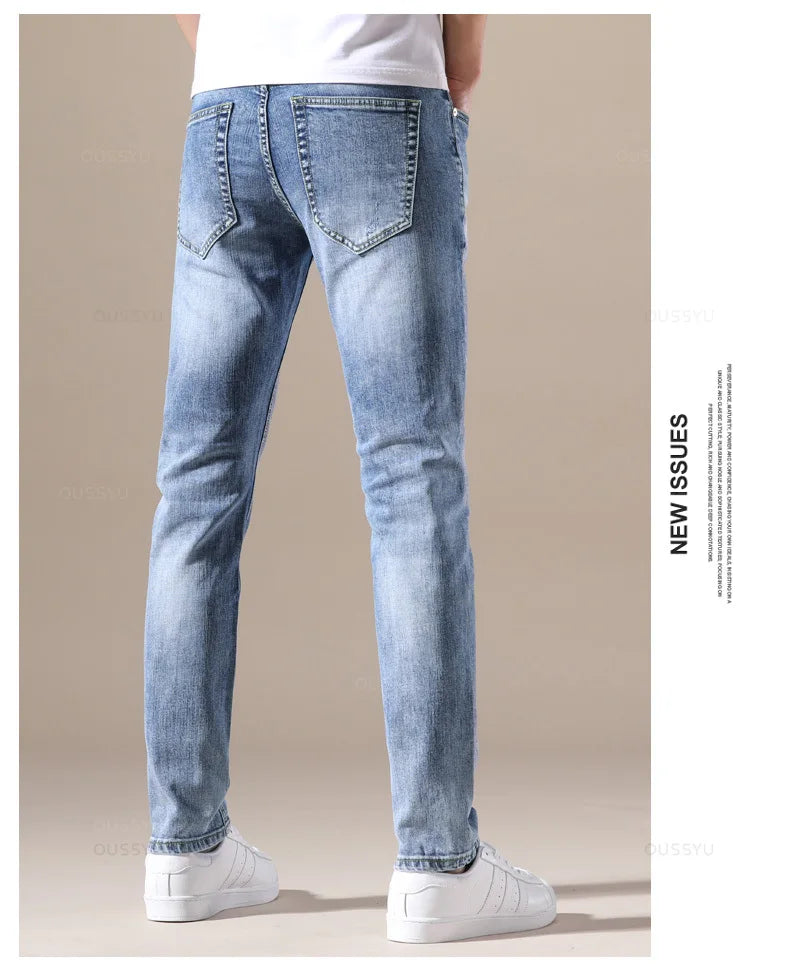 OUSSYU Brand Clothing Jeans Men High Quality Stretch Light Blue Denim Fashion Pleated Retro Pocket Skinny Trousers Pants 28-40