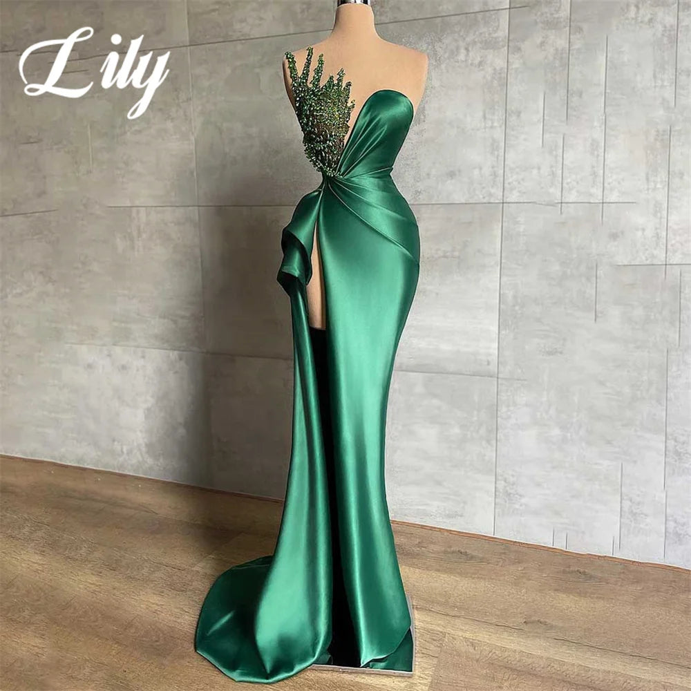 Lily Green Evening Gown Trumpet Sequins Prom Dress Pleat Sleeveless Sweetheart Evening Dresses with High Split robes de soirée