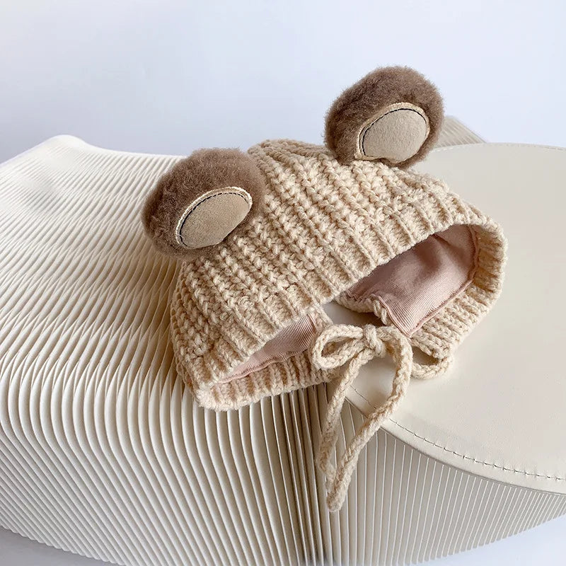 2024 Autumn Winter Newborn Girl Hat Bear Rabbit Ears Knitted Infant Girl Caps Multiple Color Available Lace-up Baby Girl Hats