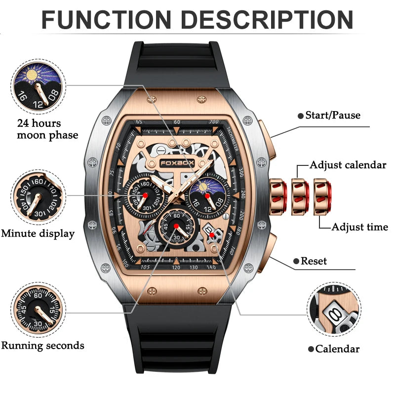 LIGE Mens Watches FOXBOX Top Brand Luxury Military Waterproof Quartz Watch For Men Silicone Sport Square Chronograph Wristwatch