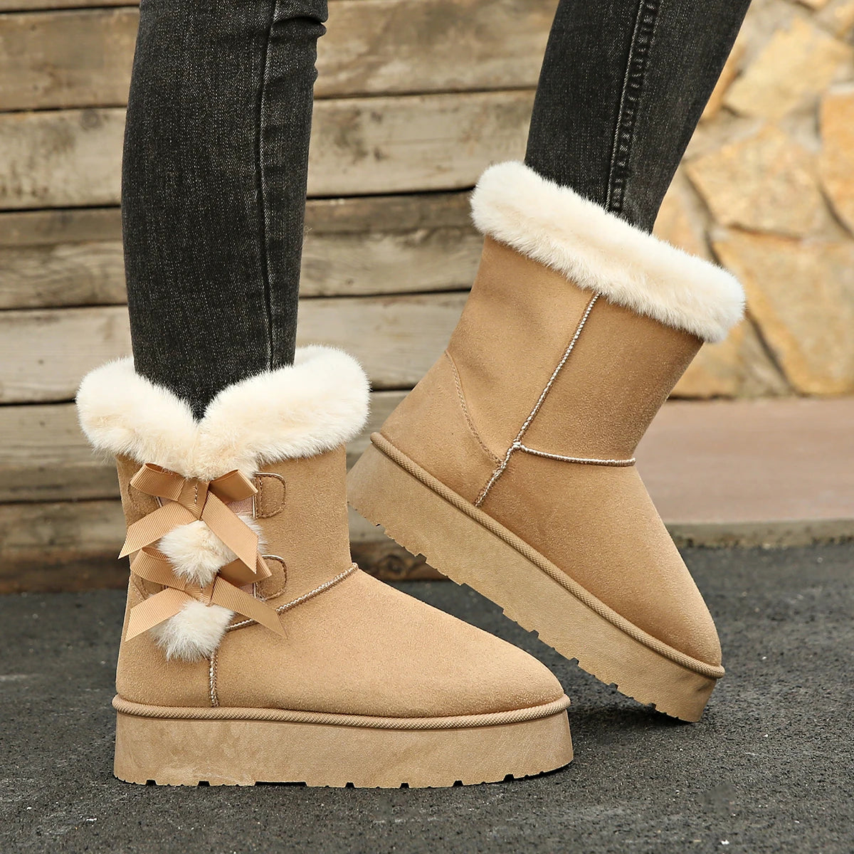 Winter Mid-calf Boot Women Plus Velvet Thick Sole Non-slip Fashion Bow Knot Women Boots Classic Retro Solid Color Shoes Women