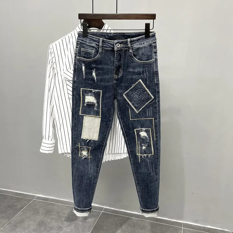 Autumn Trendy Korean Version Slim Fit Jeans For Men Unique Hole Patchwork Design Casual Style High Waist Bootleg Pants