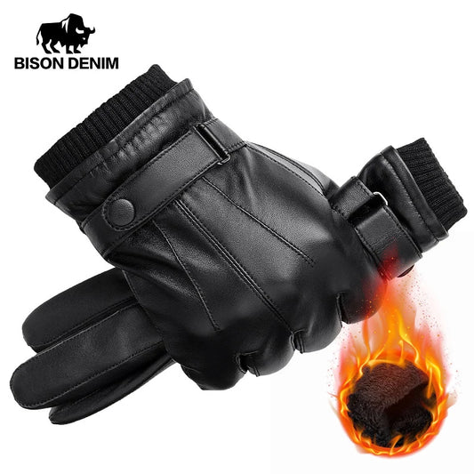 BISON DENIM Men Genuine Sheepskin Leather Gloves Autumn Winter Warm Touch Screen Full Finger Black Gloves High Quality S019