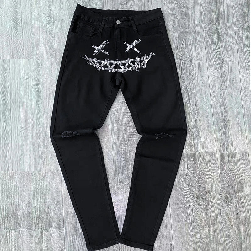 y2k Men Stretchy Ripped Skinny Black Jeans Slim High Quality Hole Trousers Aesthetic Rhinestones Streetwear Denim Pencil Pants