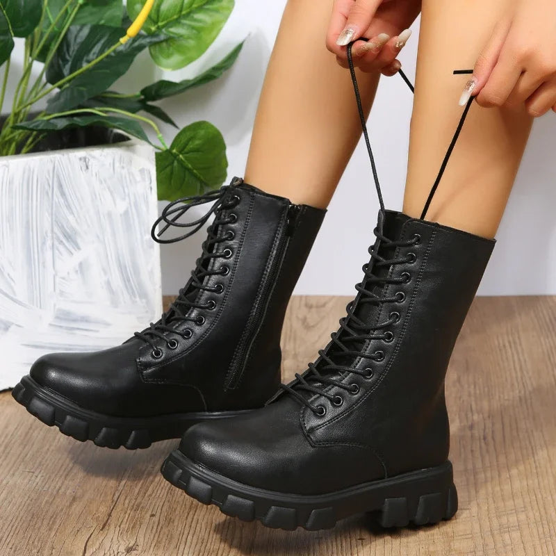 Boots Women 2022 Autumn Winter PU Leather White Ankle Boots Motorcycle Botines Female Chunky Heels Platform Boots Botas Mujer