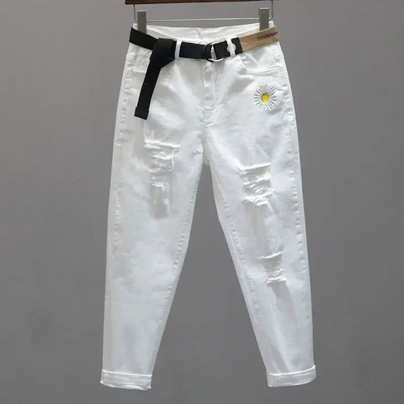 Woman Jeans Pants Ripped White Jeans Women's Autumn High Waist Cropped Baggy Pants Women's Pantalones Vaqueros Mujer