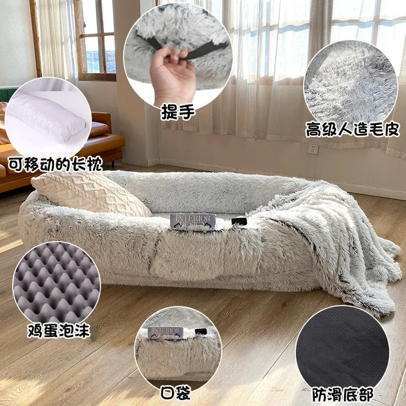 185x120x30cm/165x100x25cm Long Plush Big Dog Bed also as Human Sofa Popular Large One-person Sofa Adult Elliptical Pet Bed Nest