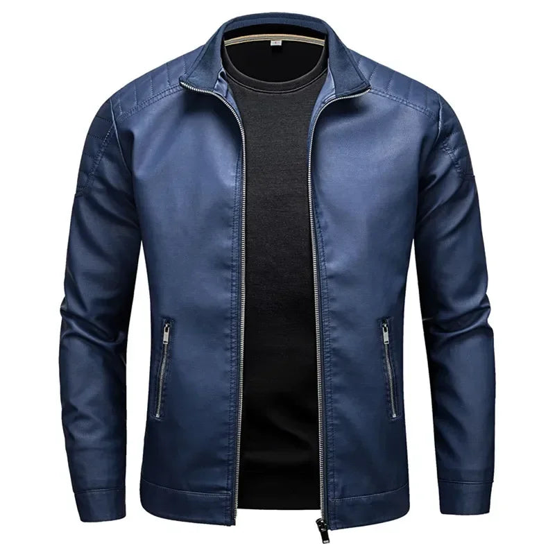 Spring New Men Solid Color Fashion Long Sleeve Faux Leather Coats Male Stand Collar Leather Jacket